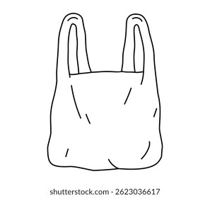 Hand drawn cute outline illustration of disposable shopping bag. Flat vector grocery plastic package, environmental pollution design in line art doodle. Ecology sticker or icon. Isolated.