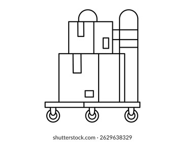 Hand drawn cute outline illustration of cardboard box on trolley. Flat vector package cart transportation line art doodle. Parcel shipping icon. Shopping logistics. Delivery service sticker. Isolated.