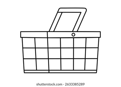 Hand drawn cute outline illustration empty shopping basket. Flat vector store container sticker line art doodle. Supermarket product bag. Customer payment icon or print. Food delivery. Isolated.