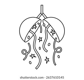 Hand drawn cute outline illustration of confetti ball. Flat vector sphere with ribbon sticker line art doodle. Party or festival concept icon. Carnival surprise balloon. Celebration event. Isolated.