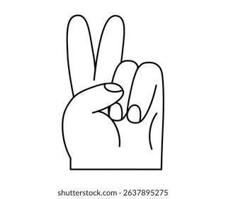 Hand drawn cute outline illustration of victory human hands gesture. Flat vector V arm sign line art doodle. Win or peace sticker. Success congratulation icon. Greeting interaction. Isolated.
