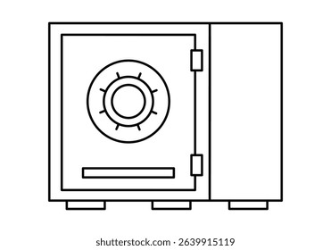 Hand drawn cute outline illustration closed safe. Flat vector strongbox line art sticker doodle. Financial literacy or safety icon. Money protection. Bank deposit or savings. Security system. Isolated