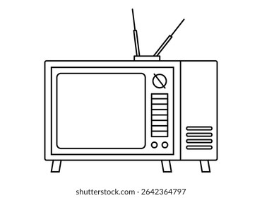 Mão desenhado bonito esboço ilustração de televisão retro. Vetor plano antigo caseiro TV adesivo linha arte doodle. Entretenimento analógico. Dispositivo de transmissão vintage notícias ou filmes com ícone de antena. Isolado.
