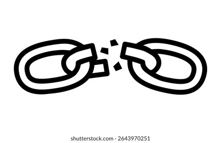 Hand drawn cute outline illustration of broken chain. Flat vector weak link line art doodle. Slavery or habit escape icon or print. Network disconnection sticker. Break free sign. Isolated.