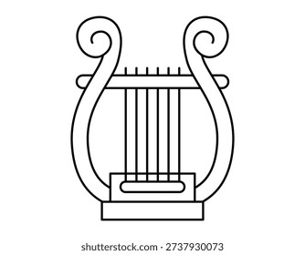 Hand drawn cute outline illustration of lyra. Flat vector harp string instrument sticker line art doodle. Music ancient lire. Theater of festival performance icon. Greek culture concept. Isolated.