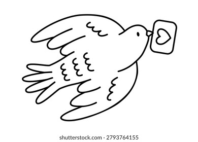 Hand drawn cute outline illustration dove with heart like sign. Flat vector falling in love message line art doodle. Valentine's Day. Online relationships. Dating app. Isolated. 