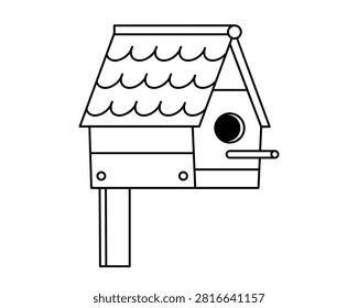 Hand drawn cute outline illustration of garden birdhouse. Flat vector backyard cozy bird box line art doodle. Hand made wooden house for nesting sticker. Spring season cleaning concept. Isolated.