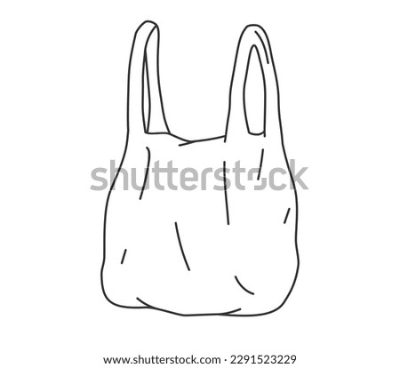 Hand drawn cute outline illustration of disposable shopping bag. Flat vector grocery plastic package, environmental pollution design in line art doodle style. Ecology sticker, icon or print. Isolated.