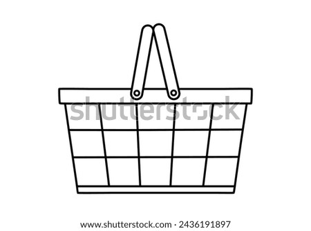 Hand drawn cute outline illustration of empty shopping basket side view. Flat vector store purchase container sticker in line art doodle style. Grocery market or e-commerce icon with outline. Isolated