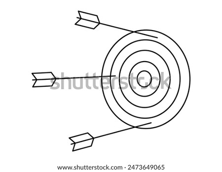 Hand drawn cute outline illustration of arrow miss center of target. Flat vector doodle failure shot. Wrong strategy line art icon. Unsuccessful attempt. Finding solution. Lost opportunity. Isolated.