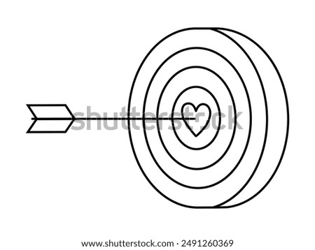 Hand drawn cute outline illustration arrow hit center of target with heart. Flat vector mutual feelings line art doodle style. Find perfect match icon. Dating online app print. Romantic love. Isolated
