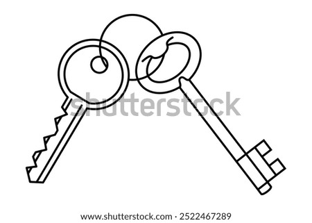 Hand drawn cute outline illustration bunch of two keys. Flat vector real estate sticker line art doodle. Protection or access icon. Mortgage loan. Housing for rent. Buy or sell building. Isolated.