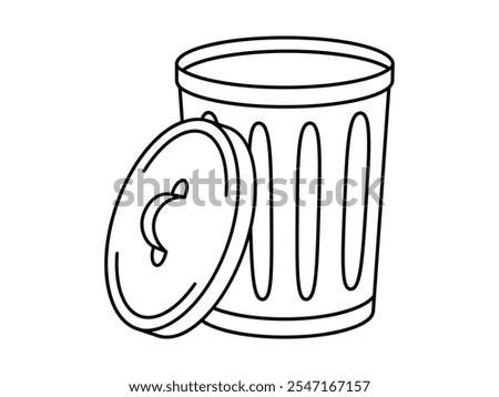 Hand drawn cute outline illustration of big garbage can with open lid. Flat vector trash bin, environmental pollution design in line art doodle style. Ecology sticker, icon. Rubbish disposal. Isolated