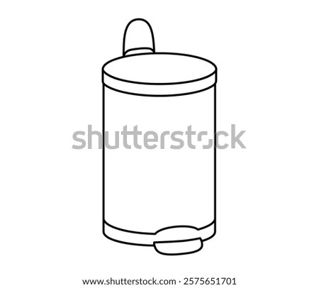 Hand drawn cute outline illustration of pedal garbage can with closed lid. Flat vector step on trash bin, environmental pollution line art doodle. Ecology sticker, icon. Rubbish disposal. Isolated.