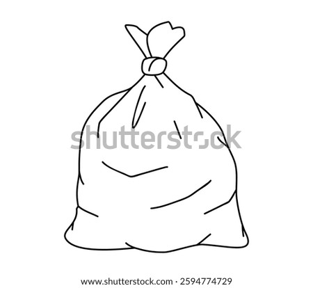 Hand drawn cute outline illustration of big garbage bag. Flat vector plastic package with trash, environmental pollution design in line art doodle style. Ecology sticker, icon. Isolated.