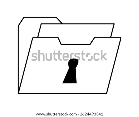 Hand drawn cute outline illustration of folder with documents. Flat vector file archive with keyhole line art doodle. Security system icon. Protection personal information. Privacy access. Isolated.