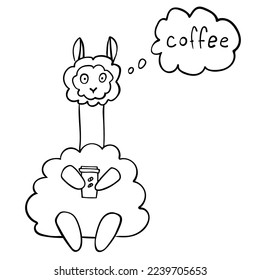 Hand drawn cute outline llama holding a cup of coffee isolated on white background. Perfect for coloring page, coloring book, print. Vector illustration.