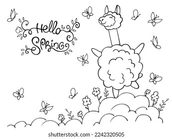 Hand drawn cute outline llama in the clouds isolated on white background. Hello spring. Perfect for coloring page, coloring book, print. Vector illustration.