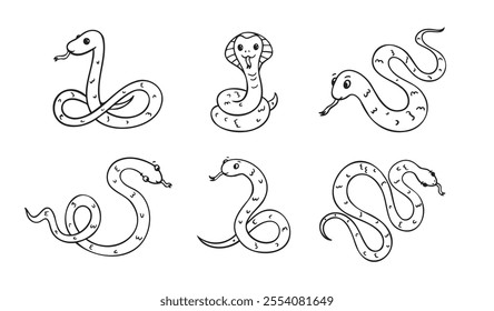 Hand drawn cute outline simple snake children coloring book set. Kind doodle snake smile isolated on white background. Vector illustration