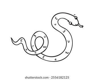 Hand drawn cute outline simple snake children coloring book. Kind doodle snake smile isolated on white background. Vector illustration