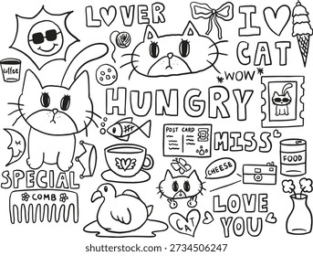 Hand drawn cute outlines of cat, sun wearing sunglasses, I heart CAT letters, ice cream cone, fish, post card, comb, coffee cup, duck, LOVE YOU letters, stamp, food can, cookie, camera, flower vase