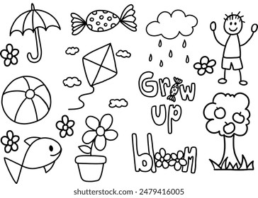 Hand drawn cute outlines of umbrella, candy, kite, boy, fish, flower, apple tree, ball, fish for good old days, spring, summer, picnic, nature, garden, cute patches, sticker, print, colouring book, ad