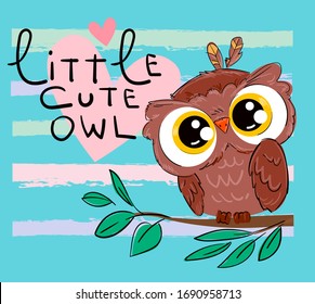 Hand drawn cute owl. Bird vector illustration. Beautiful childish print. Little cute owl - handwriting. Pink Heart.