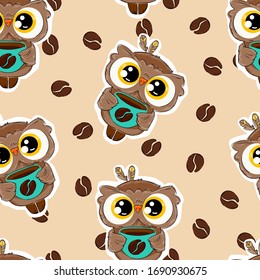 Hand drawn cute owl with a coffee mug pattern background. Vector seamless bird. Coffee bean print.