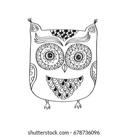 Hand drawn cute owl.  Doodles, sketch for your design. Black and white. Vector illustration.