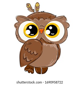 Hand drawn cute owl isolated on a white background. Bird vector illustration. Beautiful childish print design elements.