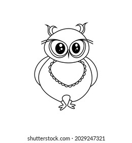 Hand drawn cute owl on a white background, a tambourine. Line drawing for kids coloring 