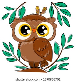 Un búho dibujado a mano sentado en una rama con follaje aislado en un fondo blanco. Ilustración vectorial de pájaro. Bellos elementos de diseño de impresión infantil.
