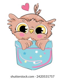 Hand Drawn Cute Owl sitting in a pocket vector Sketch, Print Design, children print on t-shirt.