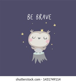 Hand drawn cute owl vector illustration. Cartoon owl vector print. Can be used for design of t-shirts, posters and Baby Shower party