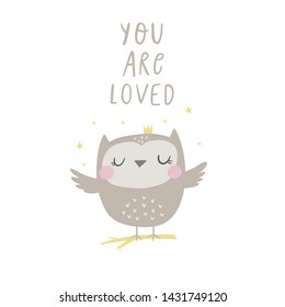 Hand drawn cute owl vector illustration. Cartoon owl vector print. Can be used for design of t-shirts, posters and Baby Shower party