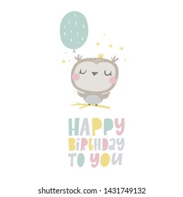 Hand drawn cute owl vector illustration. Cartoon owl vector print. Can be used for design of t-shirts, posters and Baby Shower party