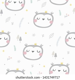 Hand drawn cute owl vector illustration. Cartoon owl seamless pattern. Can be used for design of t-shirts, posters and Baby Shower party