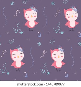 Hand drawn cute owl vector illustration. Cartoon owl seamless pattern. Can be used for design of t-shirts, posters and Baby Shower party