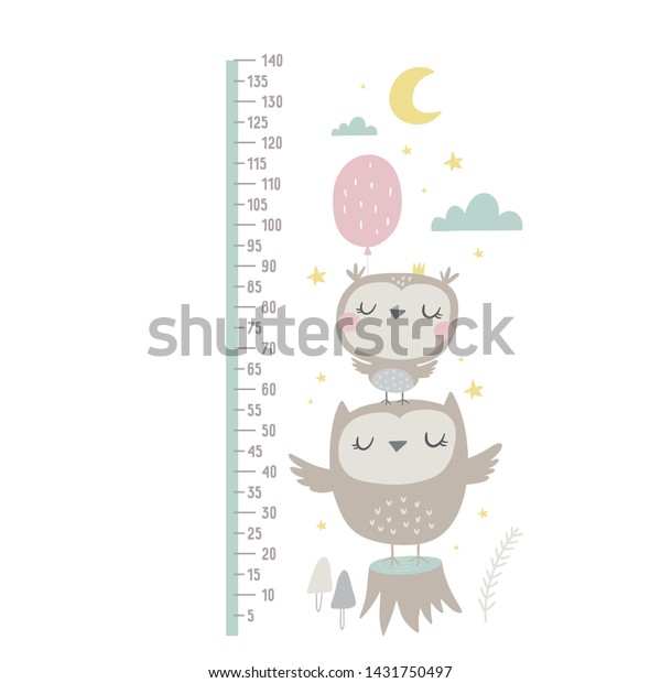 Hand drawn cute owl vector
illustration. Cartoon owl vector print. Children's height growth
chart wall stickers baby boys girls owl. Decor Sticker Poster
measureme