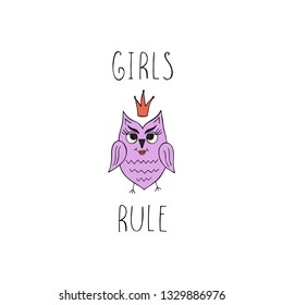 Hand drawn cute owlet with slogan girls rule. Colorful vector illustration.