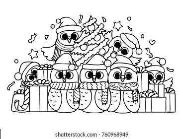 Hand drawn cute owls in Christmas party for card,invitation,print on product and coloring book page for kids.Vector illustration