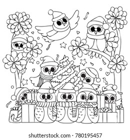 Hand drawn cute owls in Happy New Year party for card,invitation,print on product and coloring book page for kids.Vector illustration