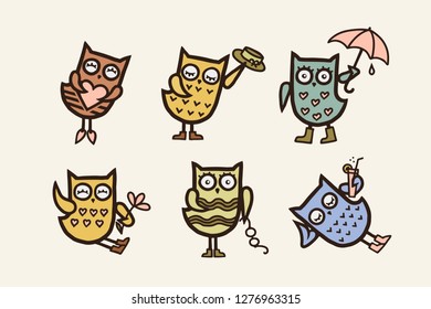 Hand drawn cute owls set. Colorful funny birds for children textile designs, apparel prints and decoration needs. Vector illustration.
