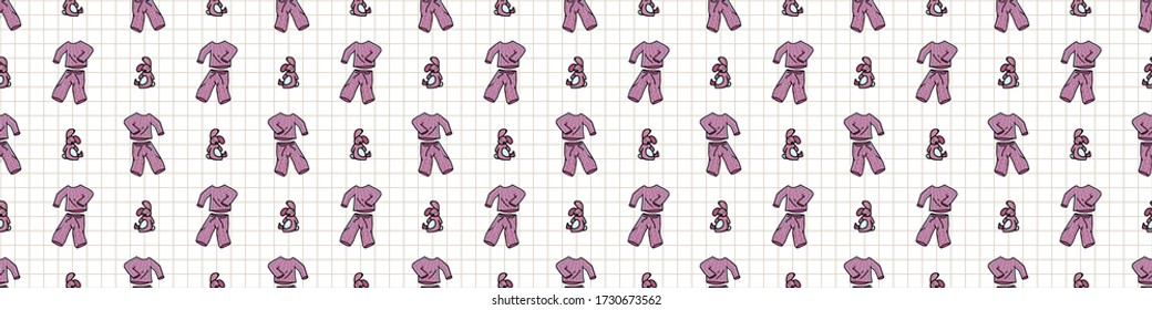 Hand drawn cute pajamas with stuffed toy seamless vector border. Adorable sleeping clothes with plaid for peaceful sleep background. Cozy pyjama all over print. Relaxation EPS 10. 