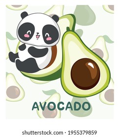 hand drawn Cute panda with avocado vector illustration funny design for packaging cosmetics masks