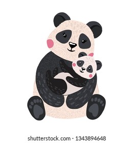 Hand drawn cute panda with baby isolated on white background. Wild animal. Vector illustration.