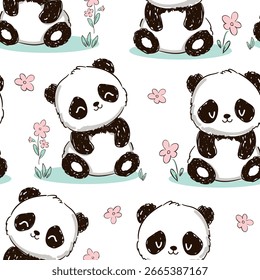 Hand gezeichnet Niedlich Panda Baby nahtloses Muster, Vektor 