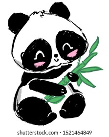 Hand drawn Cute panda and bamboo. Vector illustration. Cartoon character.