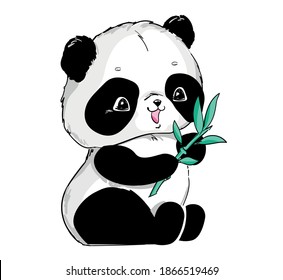 Hand drawn cute panda with bamboo illustration vector