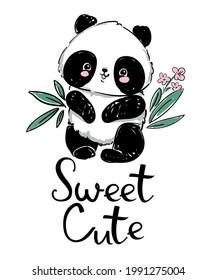 Hand drawn Cute panda and bamboo. Handwritten - Sweet Cute. Vector illustration.